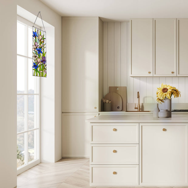 28"H Floral Purple Iris Stained Glass Window Panel