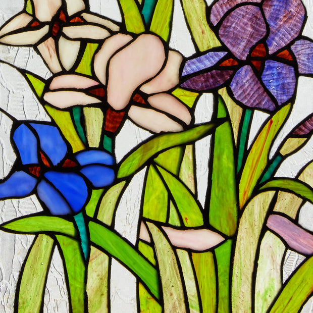 28"H Floral Purple Iris Stained Glass Window Panel