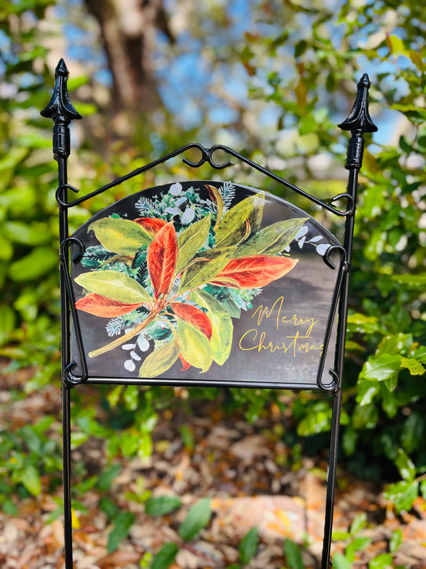 Magnolia Sprig on Black "Merry Christmas" Garden Sign