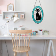 17"H Tiffany-Style Halloween Cat Stained Glass Window Panel