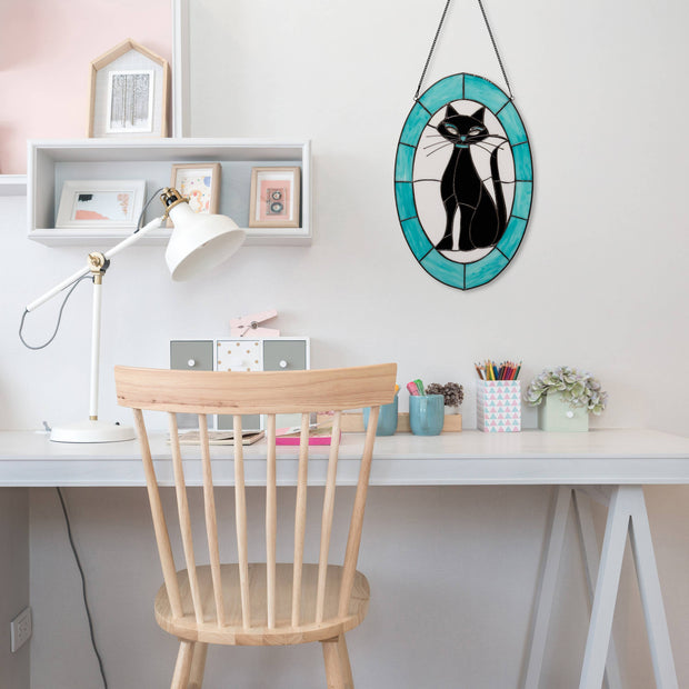 17"H Tiffany-Style Halloween Cat Stained Glass Window Panel