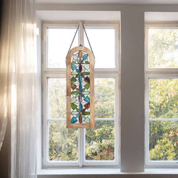 36"H Arched Geometric Floral Stained Glass Window Panel