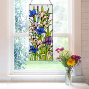 28"H Floral Purple Iris Stained Glass Window Panel