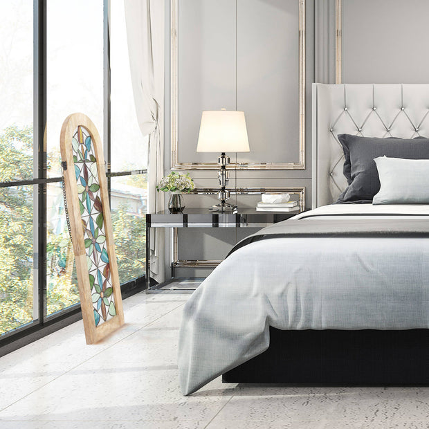 36"H Arched Geometric Floral Stained Glass Window Panel