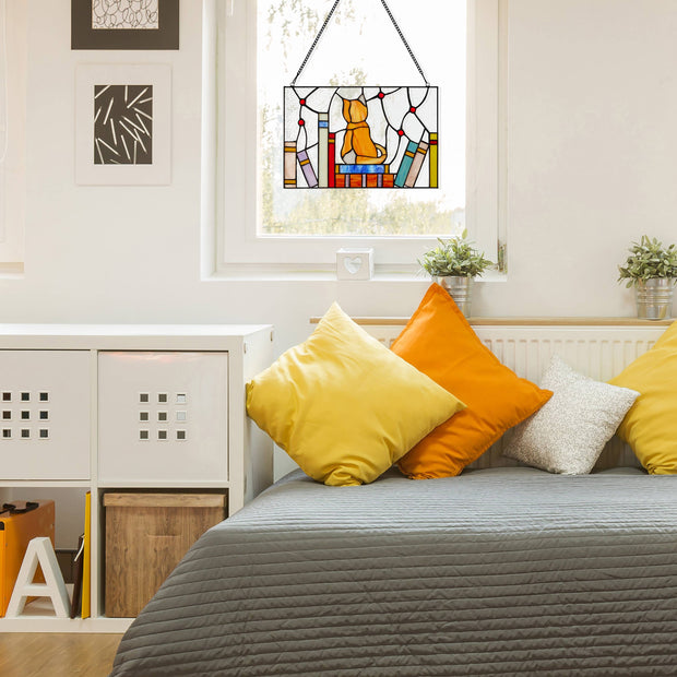 13"W Kitten With Books Stained Glass Window Panel