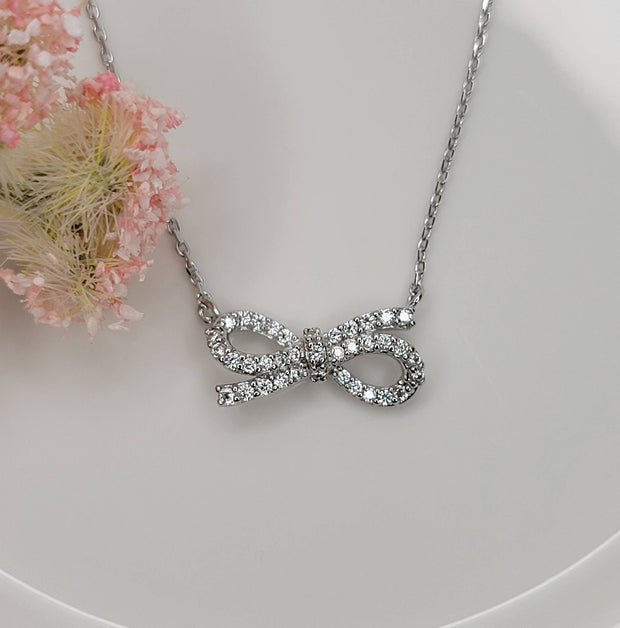 Sparkly Silver Bow Necklace