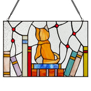 13"W Kitten With Books Stained Glass Window Panel