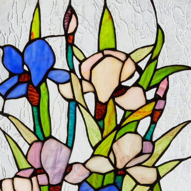 28"H Floral Purple Iris Stained Glass Window Panel