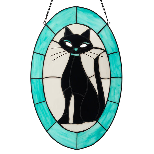 17"H Tiffany-Style Halloween Cat Stained Glass Window Panel