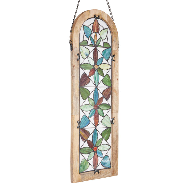 36"H Arched Geometric Floral Stained Glass Window Panel