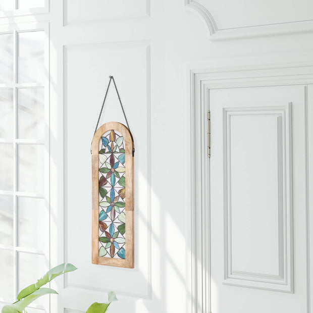 36"H Arched Geometric Floral Stained Glass Window Panel