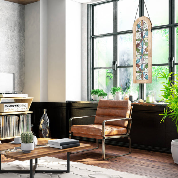 36"H Arched Geometric Floral Stained Glass Window Panel