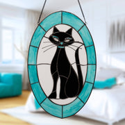 17"H Tiffany-Style Halloween Cat Stained Glass Window Panel