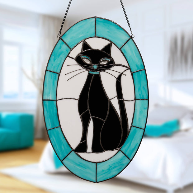 17"H Tiffany-Style Halloween Cat Stained Glass Window Panel