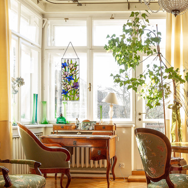 28"H Floral Purple Iris Stained Glass Window Panel