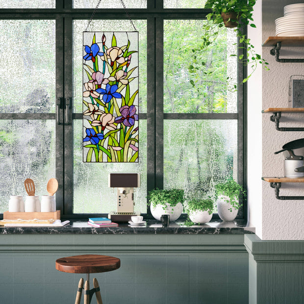 28"H Floral Purple Iris Stained Glass Window Panel