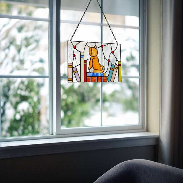 13"W Kitten With Books Stained Glass Window Panel