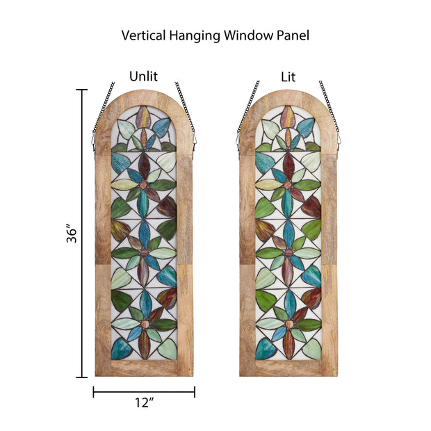 36"H Arched Geometric Floral Stained Glass Window Panel