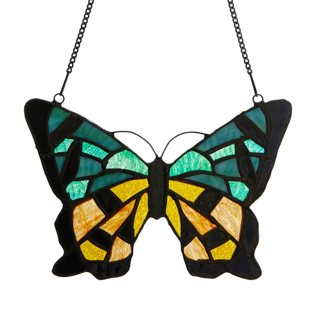 5.5"H Green & Amber Butterfly Stained Glass Window Panel