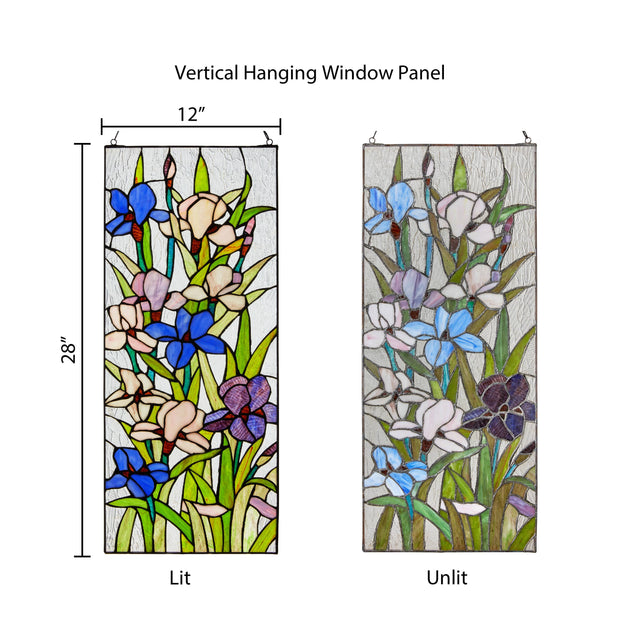 28"H Floral Purple Iris Stained Glass Window Panel