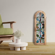 36"H Arched Geometric Floral Stained Glass Window Panel