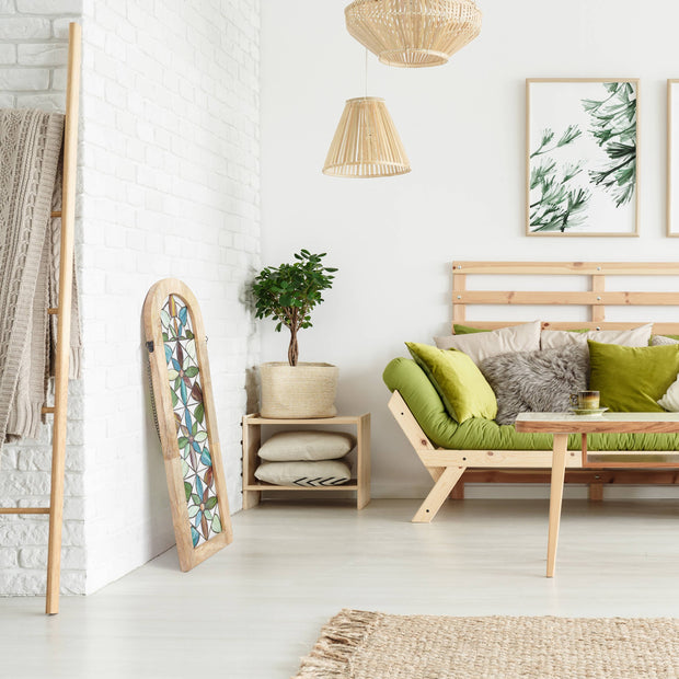 36"H Arched Geometric Floral Stained Glass Window Panel