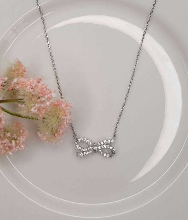 Sparkly Silver Bow Necklace