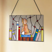 13"W Kitten With Books Stained Glass Window Panel