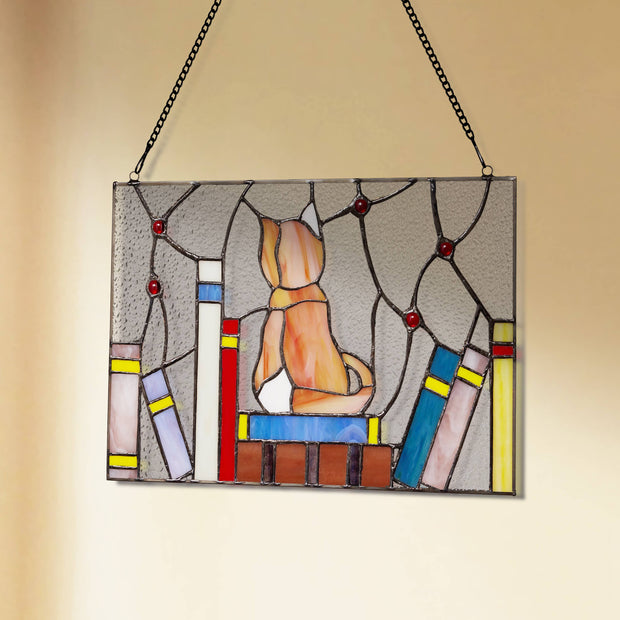 13"W Kitten With Books Stained Glass Window Panel