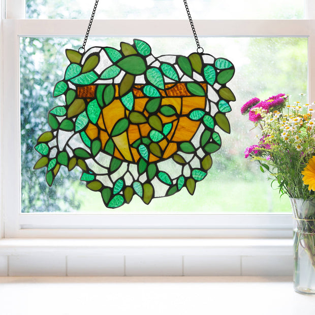 13"W Hanging Plant Stained Glass Window Panel