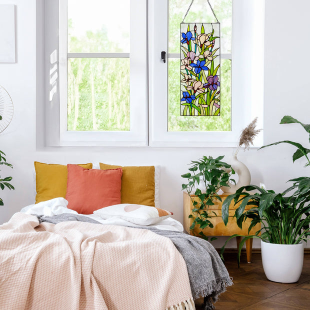 28"H Floral Purple Iris Stained Glass Window Panel