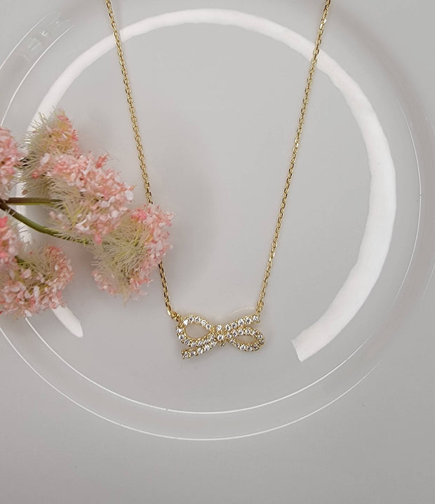 Sparkly Silver Bow Necklace