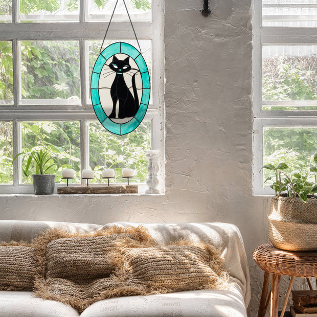 17"H Tiffany-Style Halloween Cat Stained Glass Window Panel