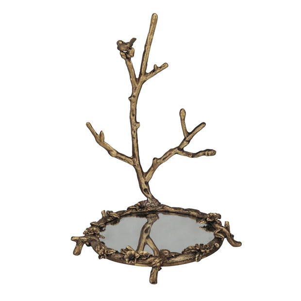 Antique Gold Pewter Jewelry Holder with Mirror & Bird on Branch