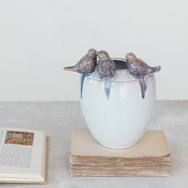 Stoneware Planter/Vase with 3 Birds on Rim