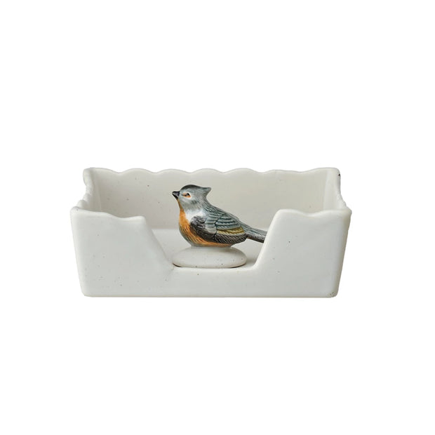 Stoneware Napkin Holder with Bird Weight