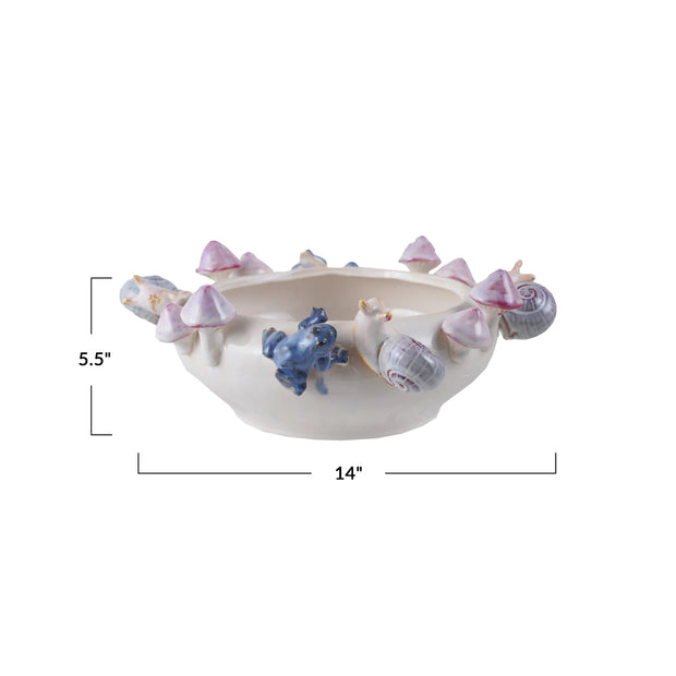 Stoneware Planter with Snails, Mushrooms & Frogs