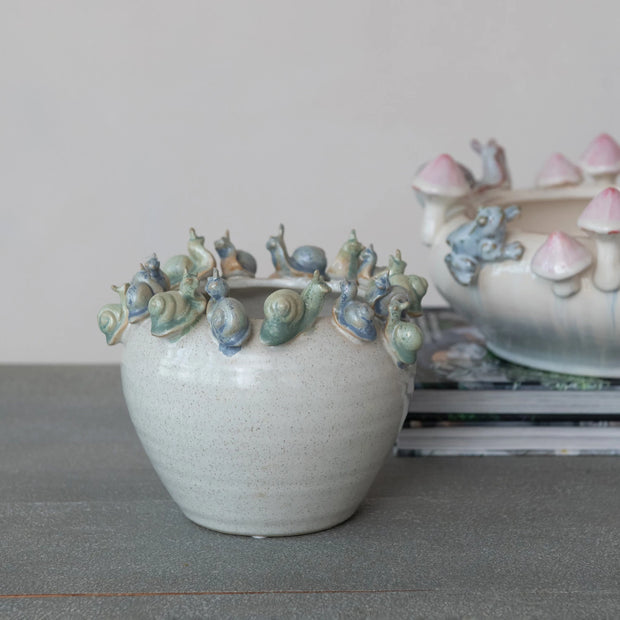 Stoneware Planter with Snails on Rim