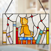 13"W Kitten With Books Stained Glass Window Panel