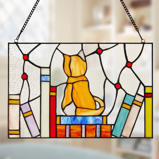 13"W Kitten With Books Stained Glass Window Panel