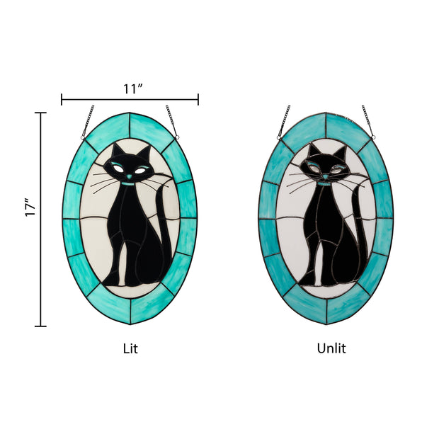 17"H Tiffany-Style Halloween Cat Stained Glass Window Panel