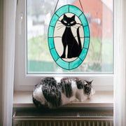 17"H Tiffany-Style Halloween Cat Stained Glass Window Panel