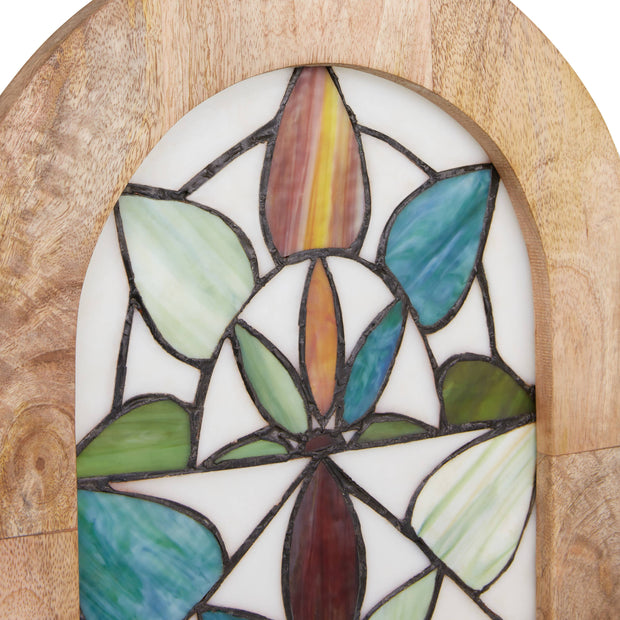 36"H Arched Geometric Floral Stained Glass Window Panel