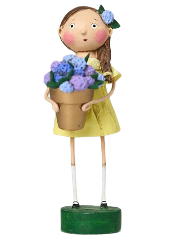 Harriet’s Hydrangeas figurine by Lori Mitchell—spring décor, polyresin flower girl with hydrangeas, 6.75″ collectible