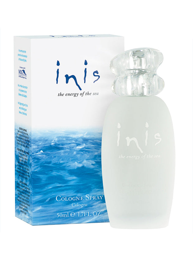 Inis Energy of the Sea cologne spray bottle—made in Ireland, ocean-inspired unisex fragrance in frosted glass packaging.