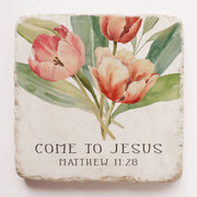 Matthew 11:28 scripture stone block with floral design, inspirational Christian décor featuring “Come to Me” verse