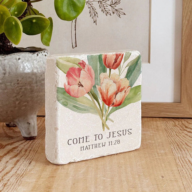 Matthew 11:28 scripture stone block with floral design, inspirational Christian décor featuring “Come to Me” verse
