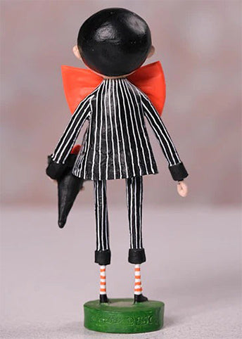 Whimsical Date Night Dracula figurine by Lori Mitchell—a charming vampire in pinstripe suit with oversized bow tie and flowers