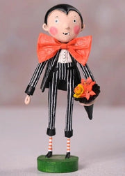 Whimsical Date Night Dracula figurine by Lori Mitchell—a charming vampire in pinstripe suit with oversized bow tie and flowers
