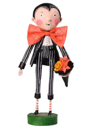 Whimsical Date Night Dracula figurine by Lori Mitchell—a charming vampire in pinstripe suit with oversized bow tie and flowers